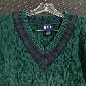 Vintage Gap Green V-Neck Pullover Cable Knit Sweater Women's Size XL